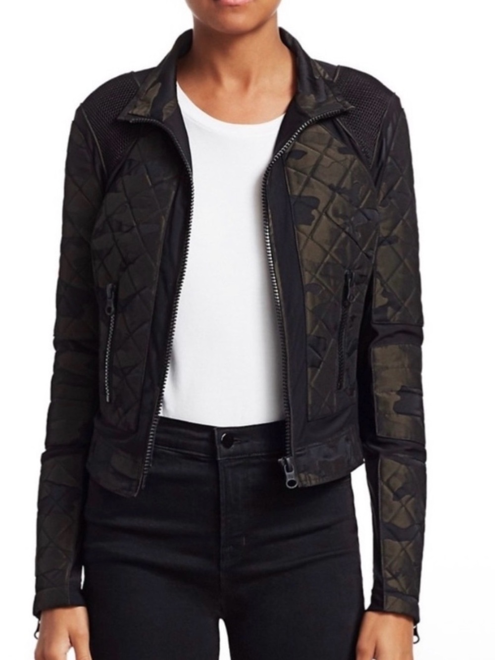 NWOT blanc noir Quilted & Camouflage Bomber Moto Jacket - Olive Green & Black